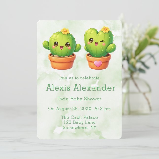 Cute Twin Cactus Baby Shower Invitation (Standing Front)