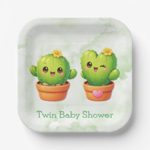 Cute Twin Cactus Baby Shower Paper Plates