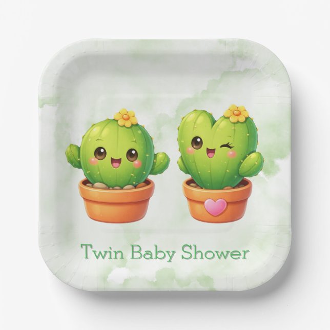 Cute Twin Cactus Baby Shower Paper Plates (Front)