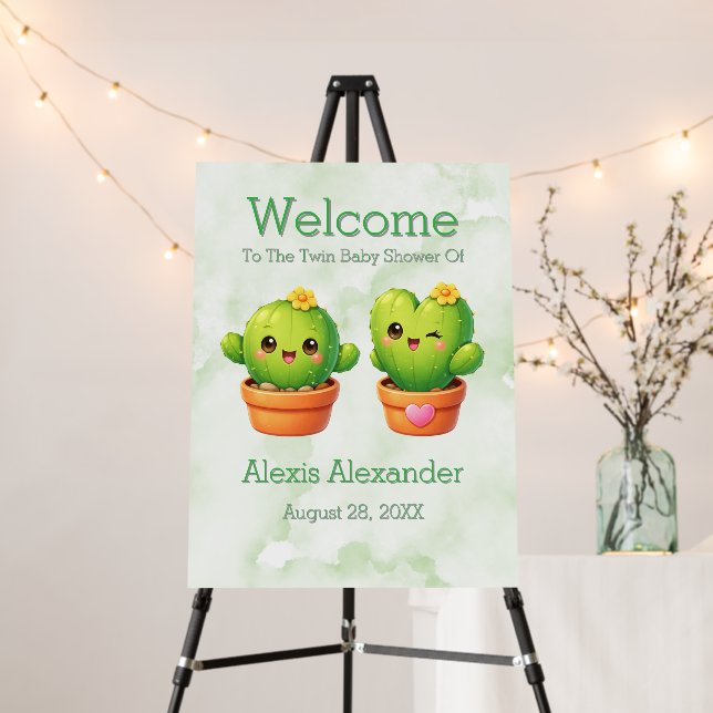 Cute Twin Cactus Baby Shower Welcome Sign (In Situ (Stand))