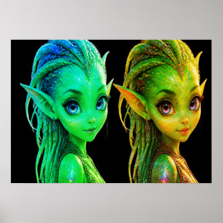 Cute Twin Extraterrestrials Girls On A Wall Poster