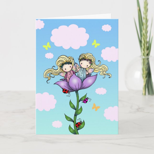 Cute Twin Fairies Twin Sister Birthday Card (Front)