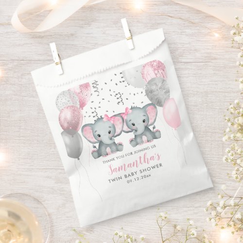 Cute Twin Girl Elephant Pink Balloons Baby Shower Favor Bag