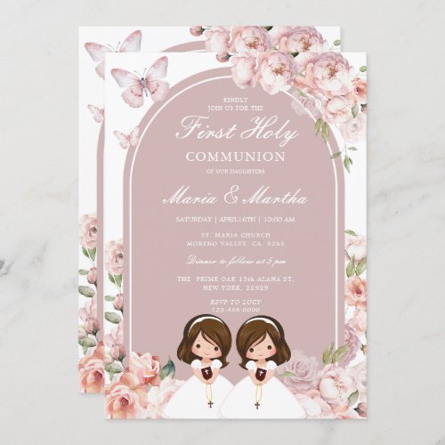 Cute Twin Girl First Holy Communion Pink Floral Invitation