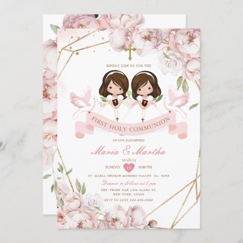 Cute TWIN Girl First Holy Communion Pink Floral Invitation