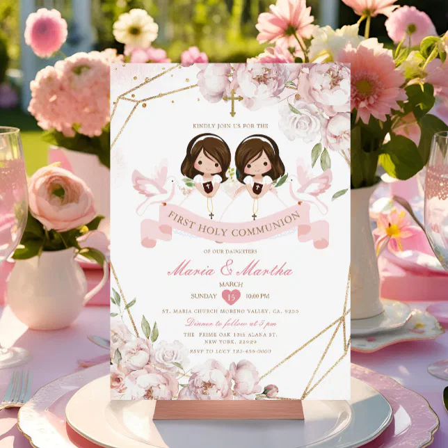Cute TWIN Girl First Holy Communion Pink Floral Invitation | Zazzle