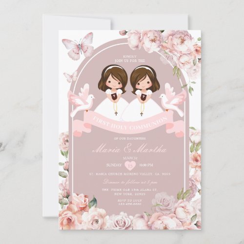 Cute TWIN Girl First Holy Communion Pink Floral Invitation