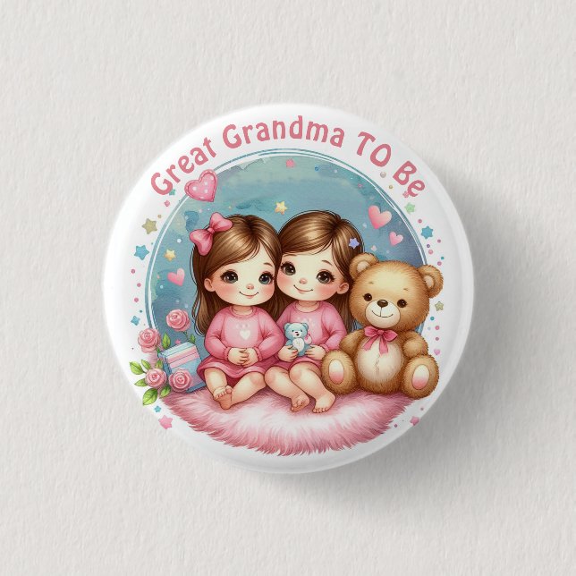 Cute Twin Girl's Baby Shower Great Grandma To Be Button (Front)