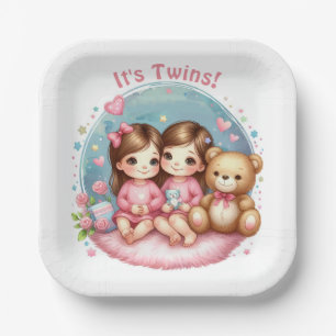 Cute Twin Girl's Baby Shower Watercolor Teddy Bear Paper Plates