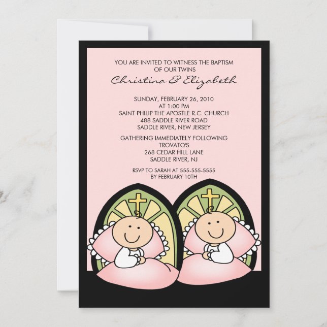 Cute Twin Girls Baptism Christening Inviation Invitation (Front)