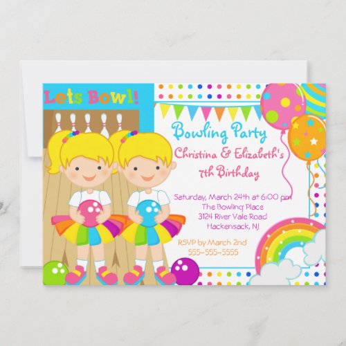 Cute Twin Girls Bowling Birthday Party Invitation