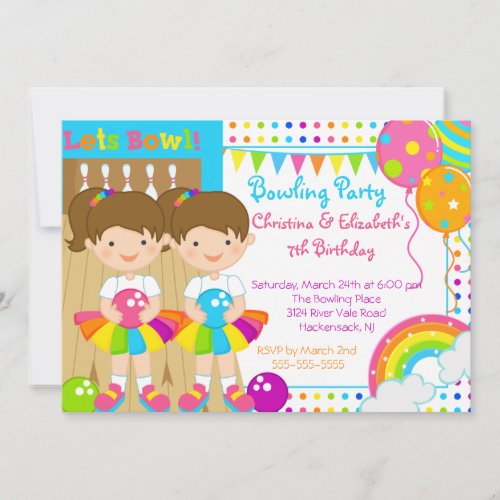 Cute Twin Girls Bowling Birthday Party Invitation