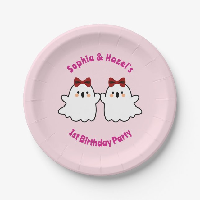 Cute Twin Girls Halloween 1st Birthday Paper Plates (Front)