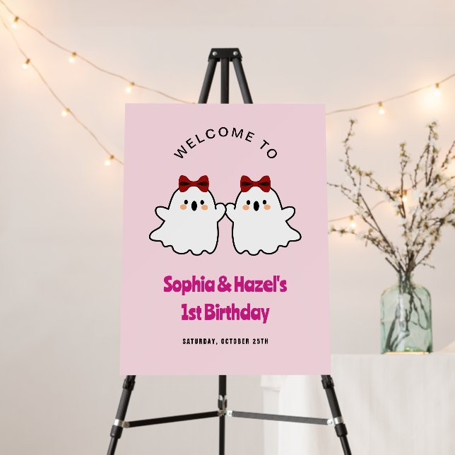 Cute Twin Girls Halloween 1st Birthday Welcome Foam Board (In Situ (Stand))