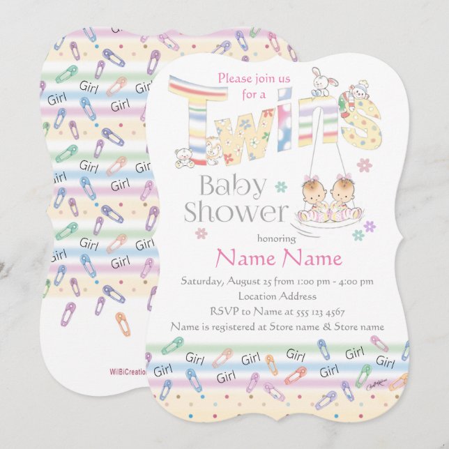 Cute Twin Girls on Swing, baby shower invitation (Front/Back)