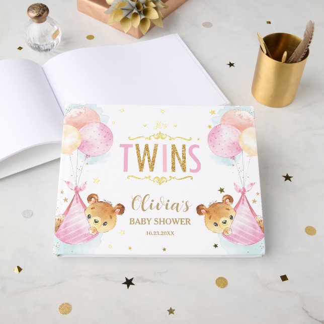 Cute Twin Girls Teddy Bears Twins Baby Shower Foil Guest Book (Front Open)