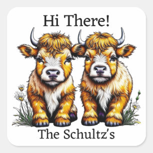 Cute Twin Highland Cows Personalized Square Sticker