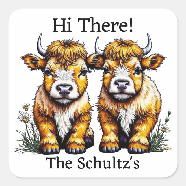 Cute Twin Highland Cows Personalized Square Sticker (Front)
