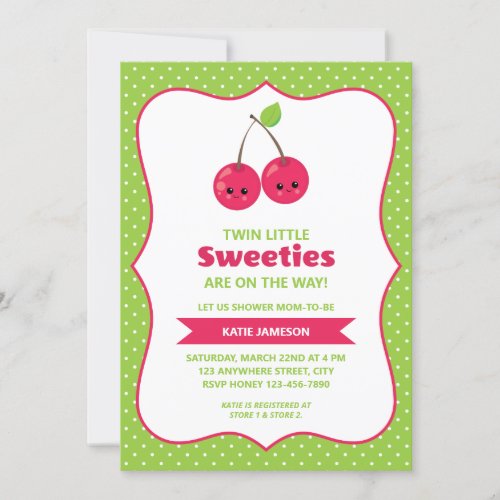 Cute Twin Little Sweeties Cherries Baby Shower Invitation