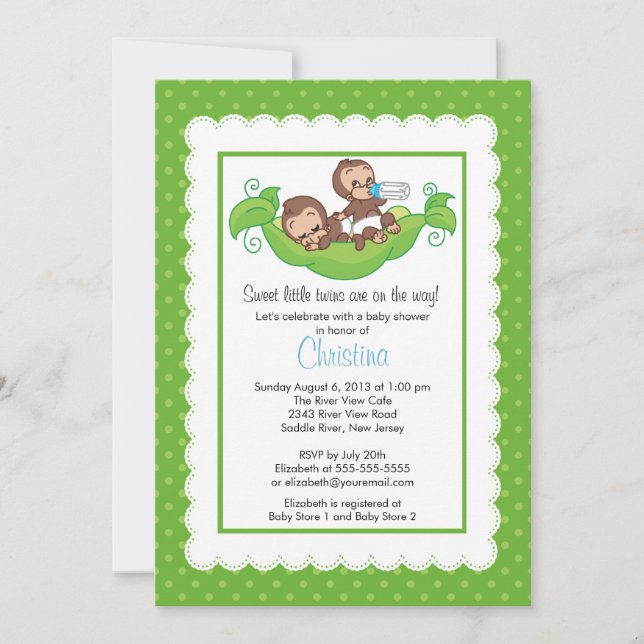 Cute Twin Monkeys Pea Pod Baby Shower Invitations (Front)