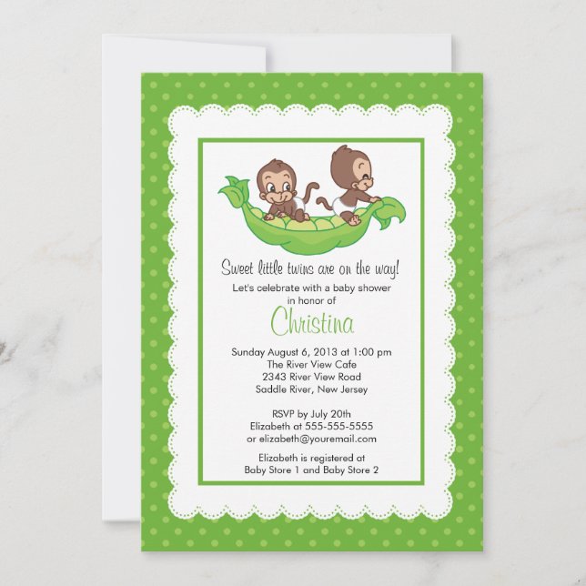 Cute Twin Monkeys Pea Pod Baby Shower Invitations (Front)
