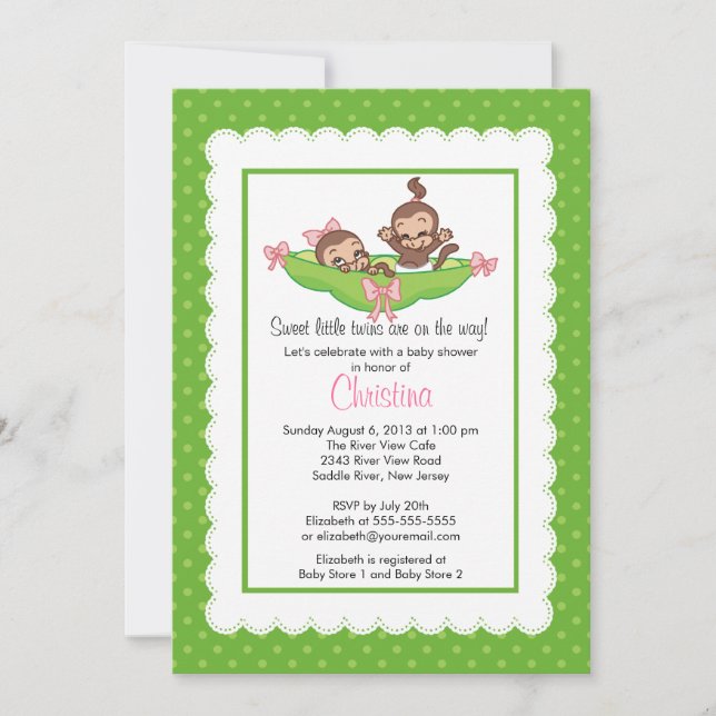 Cute Twin Monkeys Pea Pod Baby Shower Invitations (Front)