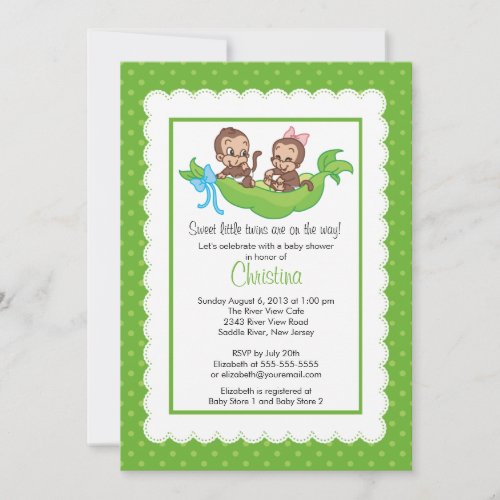 Cute Twin Monkeys Pea Pod Baby Shower Invitations