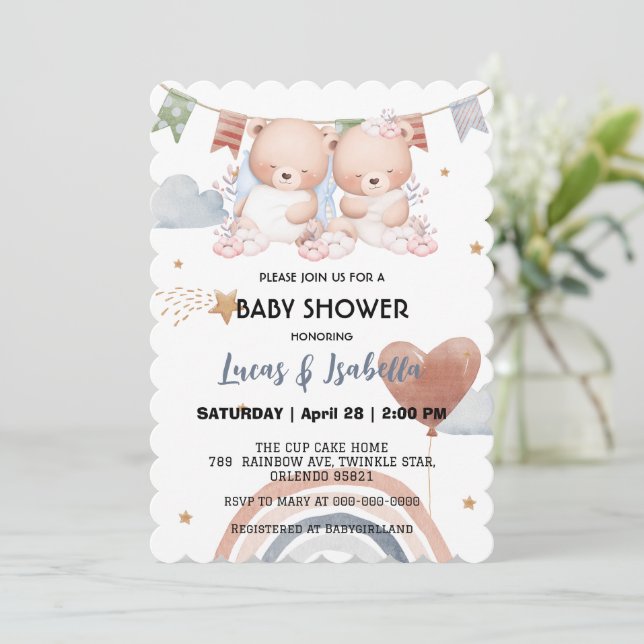 Cute twin teddy bear star balloon baby shower than thank you card (Standing Front)