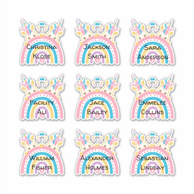 Cute Twin Unicorn Custom Multiple Name Stickers (Front)