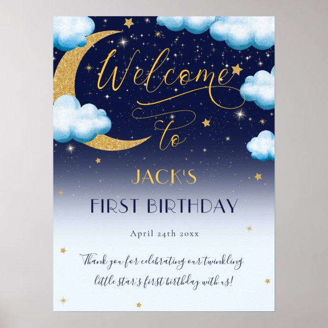 Cute Twinkle Little Star Blue Boy 1st Birthday Poster (Front)