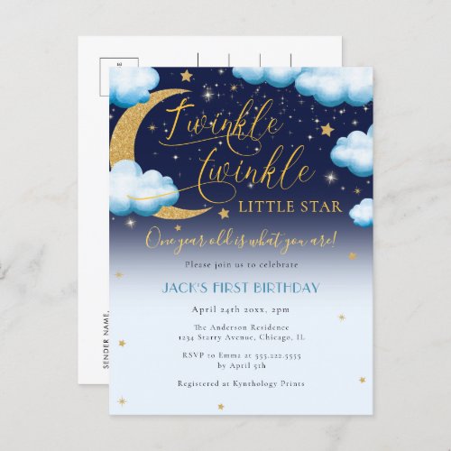 Cute Twinkle Little Star Blue Boy First Birthday Invitation Postcard