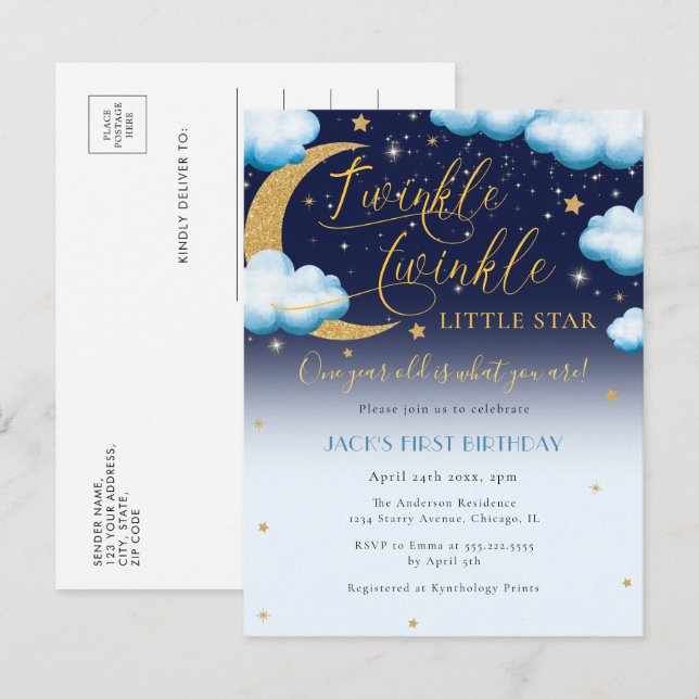 Cute Twinkle Little Star Blue Boy First Birthday Invitation Postcard (Front/Back)