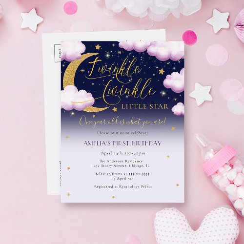 Cute Twinkle Little Star Girls First Birthday Invitation Postcard