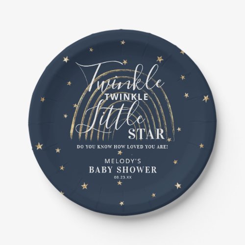 Cute Twinkle Little Star Navy  Gold Baby Shower Paper Plates