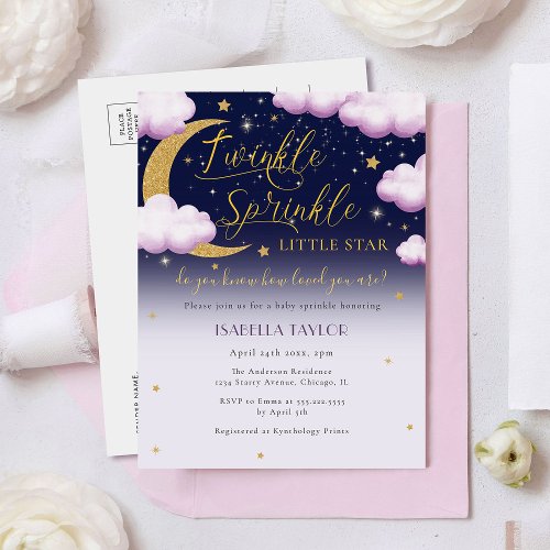 Cute Twinkle Little Star Pink Girl Baby Sprinkle Invitation Postcard
