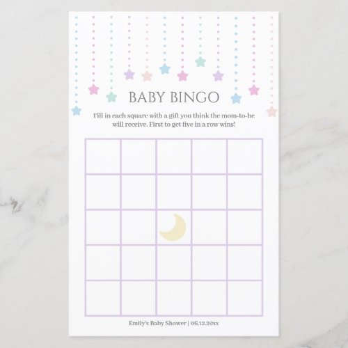 Cute Twinkle Little Stars Baby Shower Bingo Game