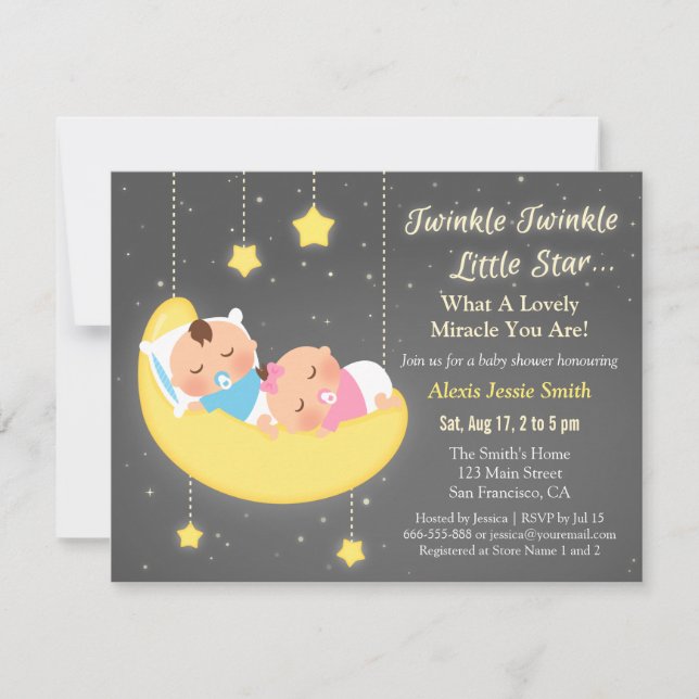 Cute Twinkle Twinkle Little Star Twins Baby Shower Invitation (Front)