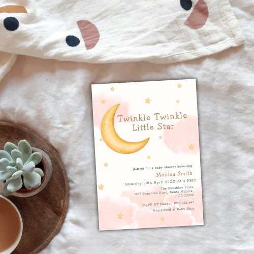 Cute Twinkle Twinkle Moon Stars Girl Baby Shower Invitation