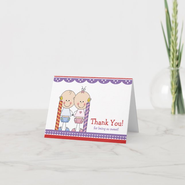 Cute Twins 1st Birthday Thank You Note Card (Front)