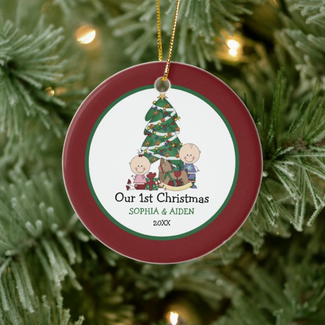 Cute Twins 1st Christmas Personalized Ceramic Ornament (Tree)