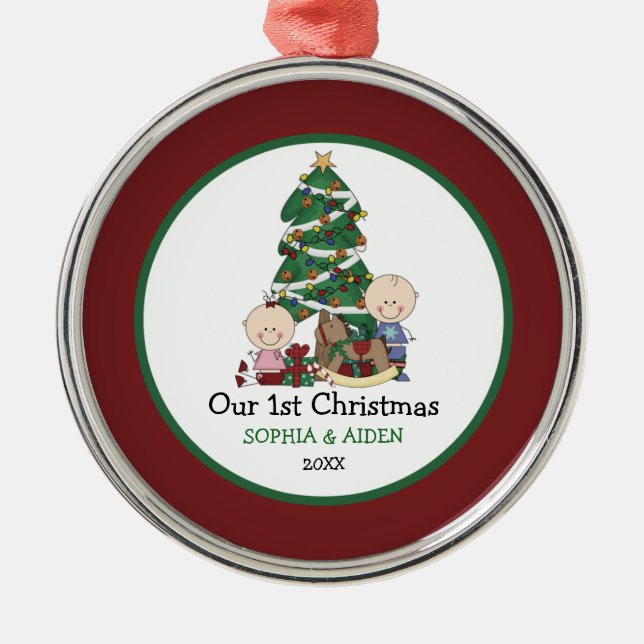 Cute Twins 1st Christmas Personalized Metal Ornament (Front)