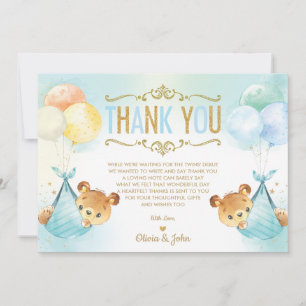 Cute Twins Baby Boys Teddy Bears Baby Shower Thank You Card