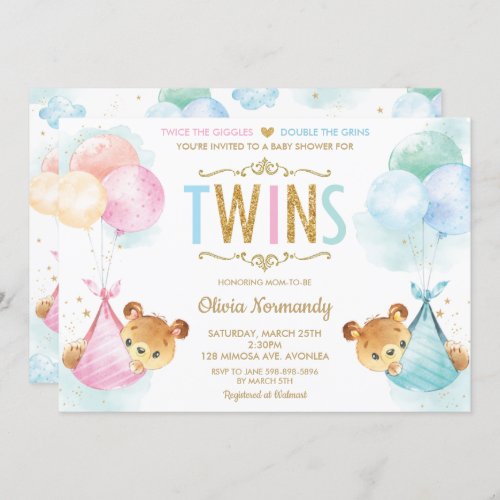 Cute Twins Baby Girl Boy Teddy Bears Baby Shower Invitation