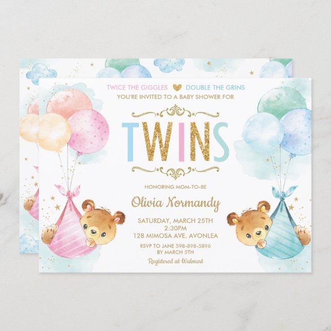 Cute Twins Baby Girl Boy Teddy Bears Baby Shower Invitation (Front/Back)