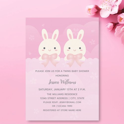 Cute Twins Baby Girl Bunny Themed Baby Shower Invitation