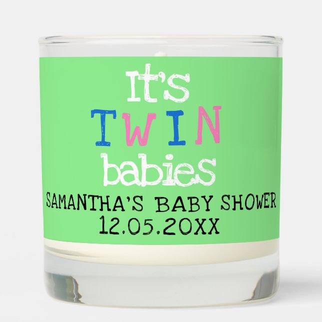 Cute Twins Baby Shower Blue Pink Green  Scented Candle (Front)