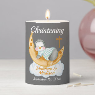 Cute Twins Baptism Baby Penguin And Moon Pillar Candle