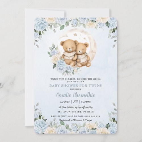 Cute Twins Bears Blue Floral Twin Boys Baby Shower Invitation