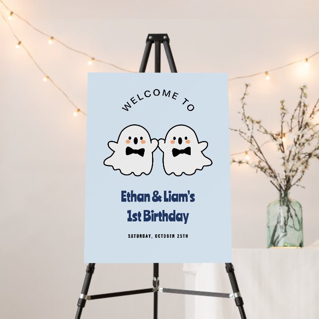 Cute Twins Blue Halloween 1st Birthday Welcome Foam Board (In Situ (Stand))