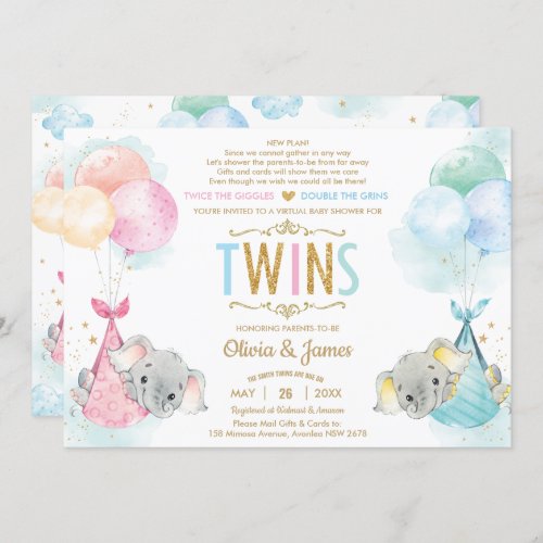 Cute Twins Boy Girl Elephant Baby Shower by Mail Invitation